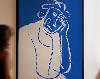 Bold Blue Line Art Portrait Print – Modern Minimalist Abstract Face Art – Digital Download Wall Decor – Contemporary Gallery Style