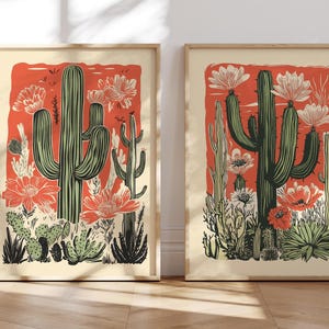 Vintage Kaktus Blume Kunstdruck Set - Modernes südwestliches Dekor - Linolschnitt Meixcan Wandkunst - Herunterladbare Wandkunst für Wohnkultur