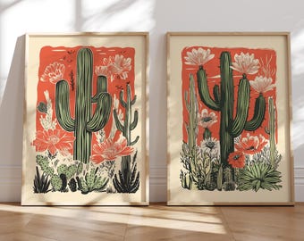 Conjunto de impressão de arte de flores de cacto vintage - Decoração moderna do sudoeste - Arte de parede meixcan em linóleo - Arte de parede para download para decoração de casa