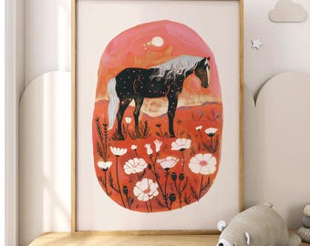 Bohemian Horse Art Print, Scandinavian and Southwestern Floral Decor, Modern Farmhouse Wall Art, Downloadable Vintage Style Illustration