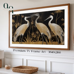 Eleganckie żurawie – cyfrowa grafika na telewizor Samsung Frame – ilustracja z wdzięcznym ptakiem, natychmiastowe pobranie, wyrafinowany wystrój, sztuka telewizyjna w stylu wabi sabi