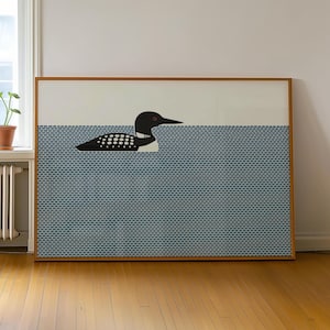 Minimalist Loon Wall Art Print, Nordic Lakehouse Decor, Black and White Water Bird Artwork, Scandinavian Digital Download