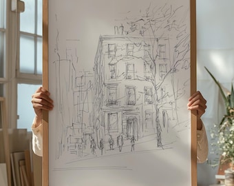Charming New York City Street Sketch - Minimalist Urban Digital Artwork, Hand-Drawn Line Art, Downtown Wall Decor, Printable Modern Home Art