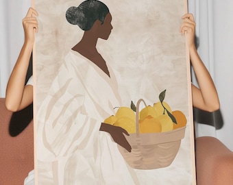 Frau mit Zitrone Kunstdruck: Minimalistische Boho Wand Deko (Digitaler Download)