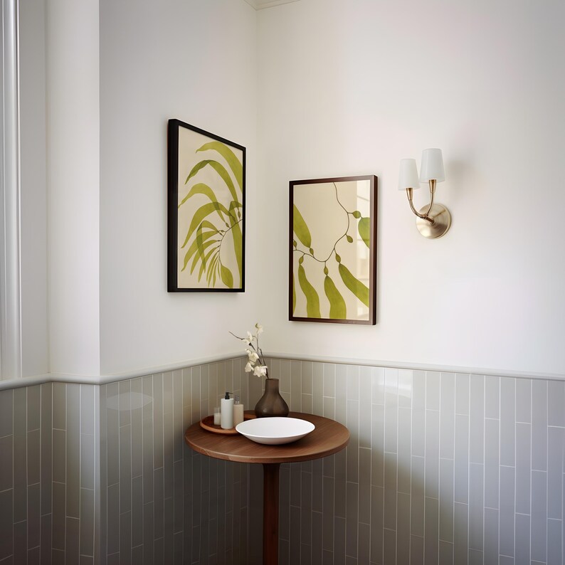 Seaweed Diptych Wall Art Set, Olive Green Coastal Prints, Minimalist Ocean-Inspired Decor, Modern Beach House Wall Art, Digital Download image 2