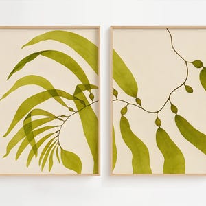 Díptico de algas marinas, impresiones costeras en verde oliva, decoración minimalista inspirada en el océano, arte mural moderno de casa de playa, descarga digital