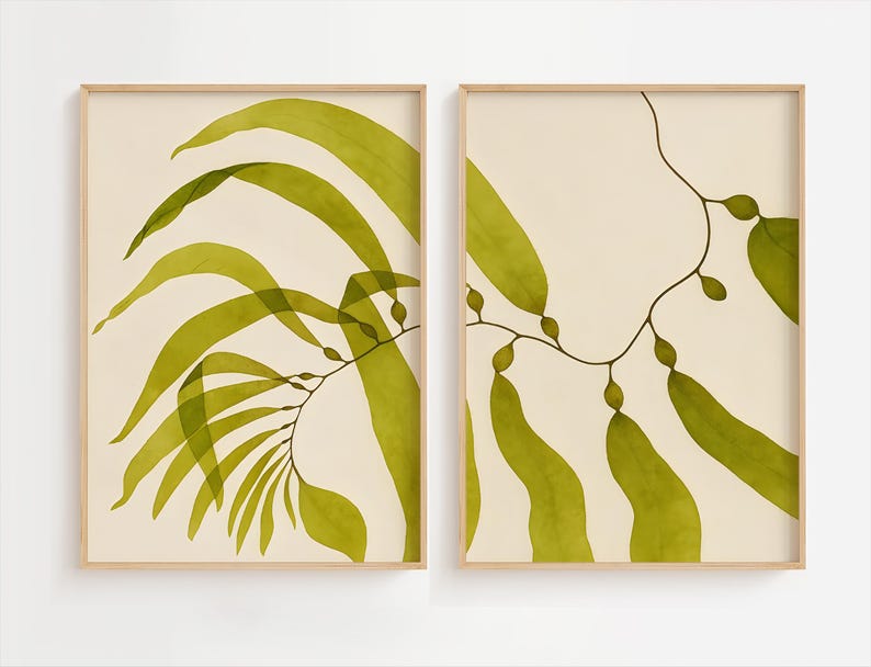 Seaweed Diptych Wall Art Set, Olive Green Coastal Prints, Minimalist Ocean-Inspired Decor, Modern Beach House Wall Art, Digital Download image 1