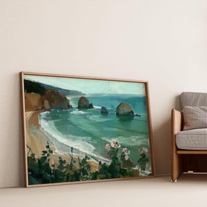 May include: A painting depicting a seascape with a sandy beach, turquoise water, and rocky outcrops. The scene is framed by lush green foliage in the foreground.