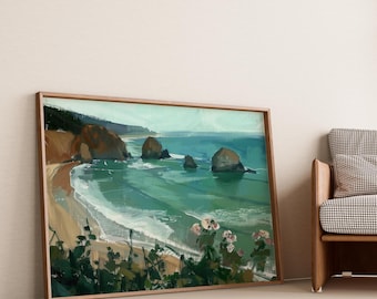 Puede incluir: Una pintura de un paisaje marítimo con una playa de arena, agua turquesa y afloramientos rocosos. La escena está enmarcada por una exuberante vegetación verde en primer plano.