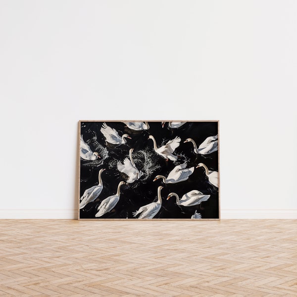 Black Swan Lake Art Print, Elegant White Swans in Motion, Black Water Background, Nature Inspired Wall Art, Digital Download