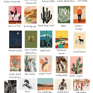 Op de afbeelding: Een verzameling van 24 kunstprints met woestijnlandschappen en cactussen. De prints tonen illustraties van cowboys, paarden en woestijnsc&egrave;nes in verschillende kleurenpaletten, waaronder terracotta, roze en groen. Elke print heeft een titel.