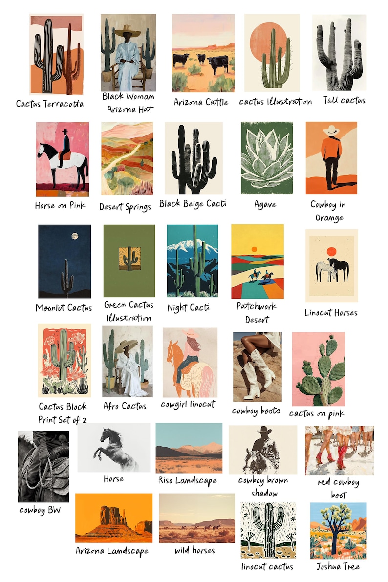 Op de afbeelding: Een verzameling van 24 kunstprints met woestijnlandschappen en cactussen. De prints tonen illustraties van cowboys, paarden en woestijnsc&egrave;nes in verschillende kleurenpaletten, waaronder terracotta, roze en groen. Elke print heeft een titel.