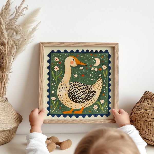 Charming Folk Art Duck Print - Whimsical Nursery Decor, Vintage Style Illustration, Quaint Garden Digital Art Download, Grandmillennial Art