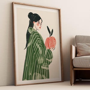 May include: A digital illustration of a person in a green and white striped coat holding a pink and red fruit. The background is a light beige color.
