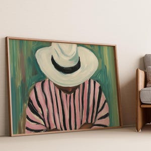 May include: Painting of a person wearing a white hat and a pink and black striped shirt. The background is a green and yellow abstract design.