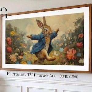 May include: A painting of a brown rabbit wearing a blue jacket, hopping through a field of colourful flowers. The rabbit is looking to the right and has a happy expression. The background is a soft, blurry landscape with a light blue sky.