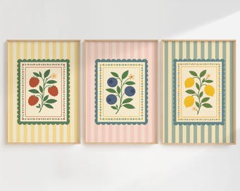Cottagecore Küchen Wand Kunst Drucke, Zitronen Blaubeeren Himbeeren Set, Vintage Botanische Frucht Illustration, Digitaler Download