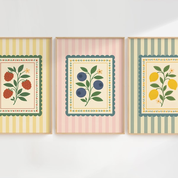 Cottagecore Kitchen Wall Art Prints, Lemons Blueberries Raspberries Set, Vintage Botanical Fruit Illustration, Digital Download