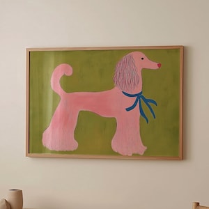 Pink Poodle Wall Art Print, Whimsical Animal Illustration, Playful Mid Century Modern Pet Decor, Colorful Digital Download Artwork