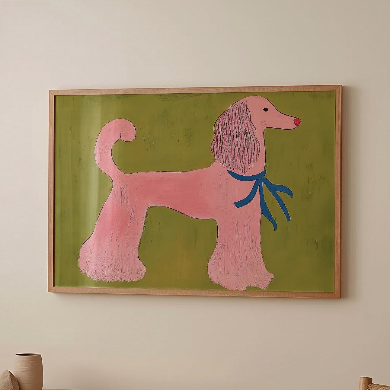 Pink Poodle Digital Art Print - Playful Animal Wall Art for Kids and Modern Rooms - Whimsical Office Decor Bold Color Palette