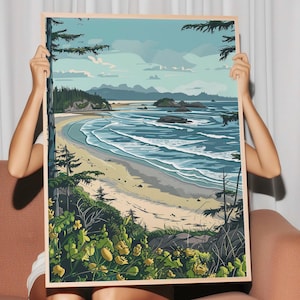 Chesterman Beach Tofino Digital Print - Arte sereno del paisaje costero para la decoración del hogar, escena natural vibrante para interiores modernos
