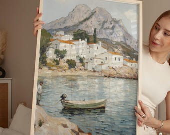 Lámina artística vintage de la costa mediterránea: Pueblo costero (descarga digital)