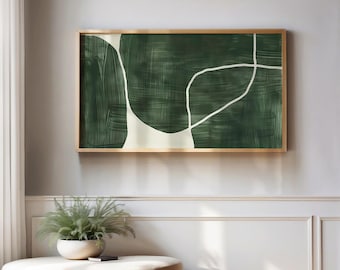 May include: A framed abstract art print with a green and white design. The print features a large, abstract shape in a deep green colour with white lines and curves.
