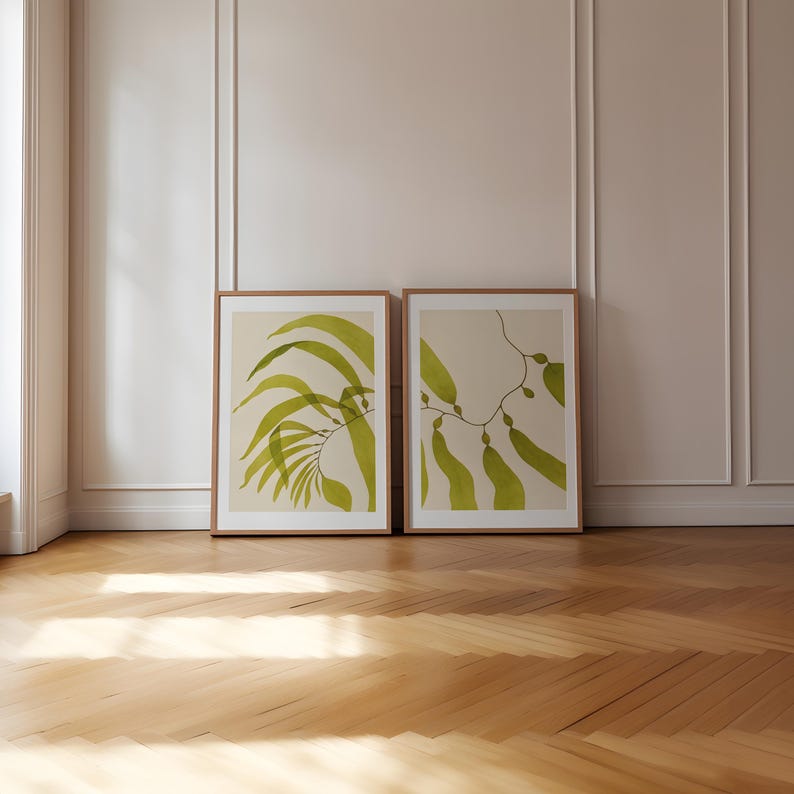 Seaweed Diptych Wall Art Set, Olive Green Coastal Prints, Minimalist Ocean-Inspired Decor, Modern Beach House Wall Art, Digital Download image 3