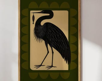 Black Heron Bird Print, Modern Folk Art Animal Poster, Vintage Style Wall Art, Graphic Bird Illustration, Digital Download Artwork