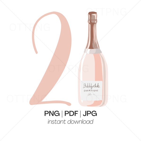 21 Pink Chic Champagne Bottle Wine Twenty One Legal 21st Birthday Alcohol Liquor Drink PNG PDF JPG Download Digital File Drink Art Design