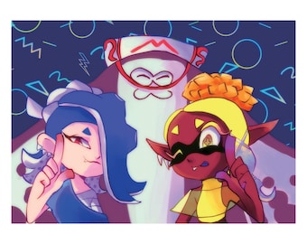 May include: Three cartoon characters, one with blue hair and a white headband, one with red hair and a yellow headband, and one with a white and red hat, against a blue background with geometric shapes.