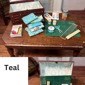 Baúl de costura en miniatura para casa de muñecas Teal