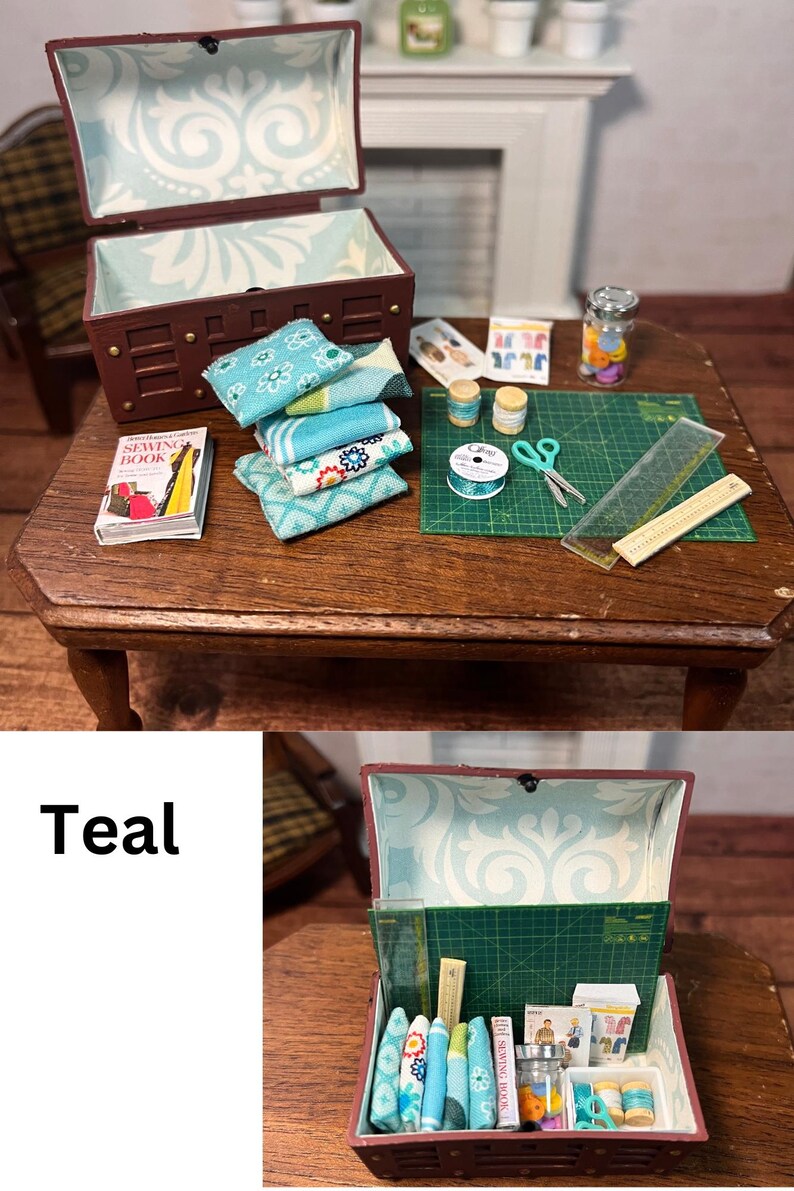 Baúl de costura en miniatura para casa de muñecas Teal
