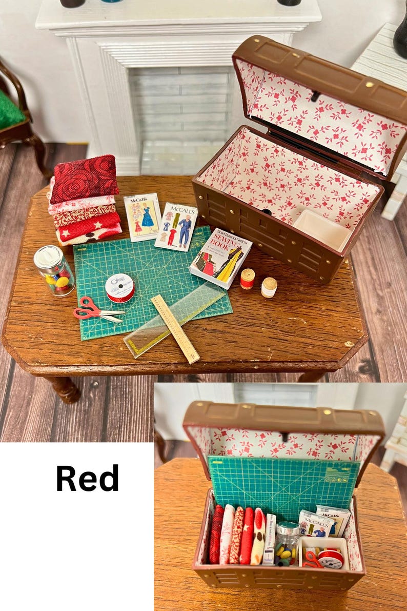 Baúl de costura en miniatura para casa de muñecas Rojo