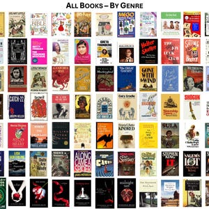 以下が含まれることがあります： All Books &ndash; By Genreというタイトルのグリッド状に配置された120冊のブックカバーのコレクション。さまざまなイラスト、タイトル、著者を持つ多様な文学作品が、10行12列に整理されて表示されています。