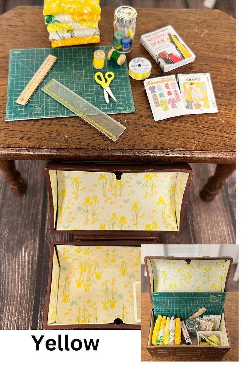 Baúl de costura en miniatura para casa de muñecas Amarillo
