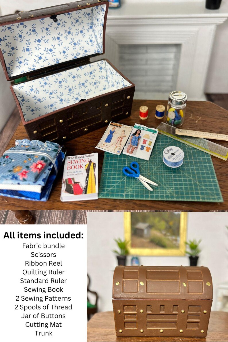 Baúl de costura en miniatura para casa de muñecas imagen 2