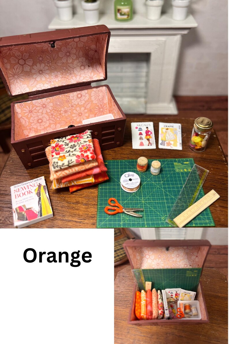 Baúl de costura en miniatura para casa de muñecas Naranja