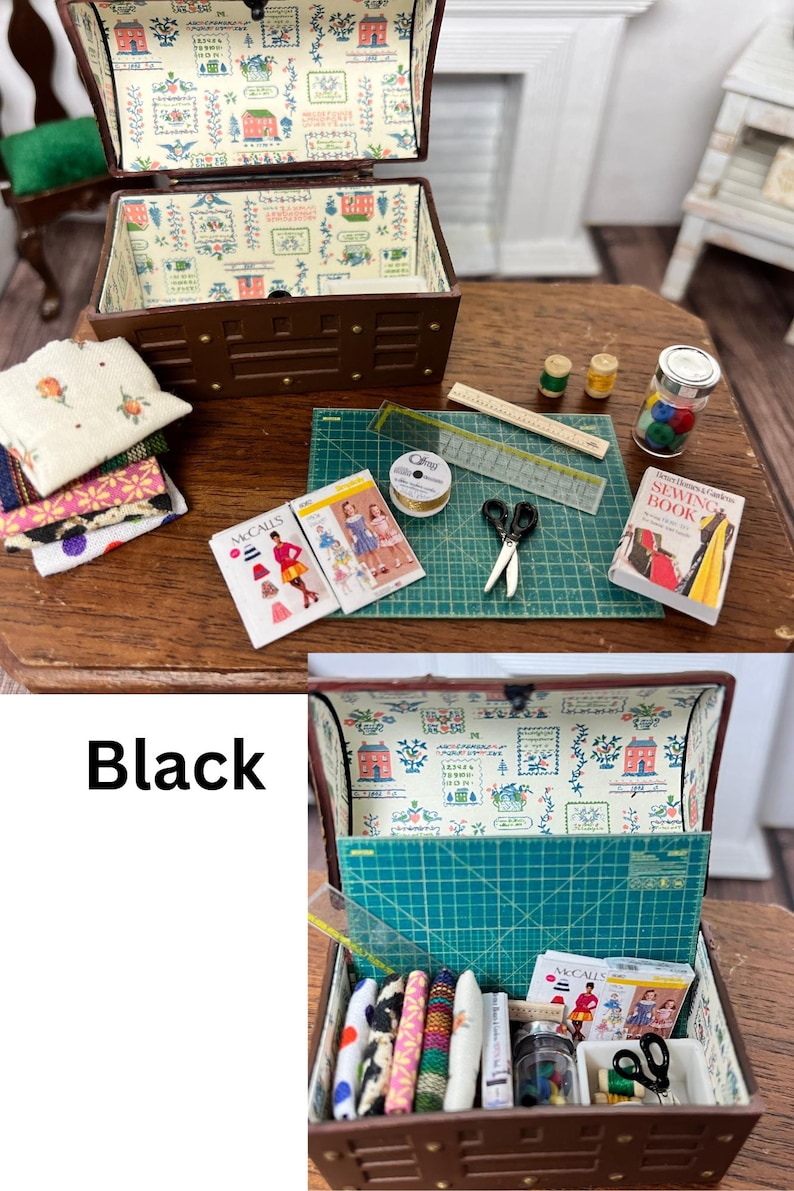 Baúl de costura en miniatura para casa de muñecas Negro