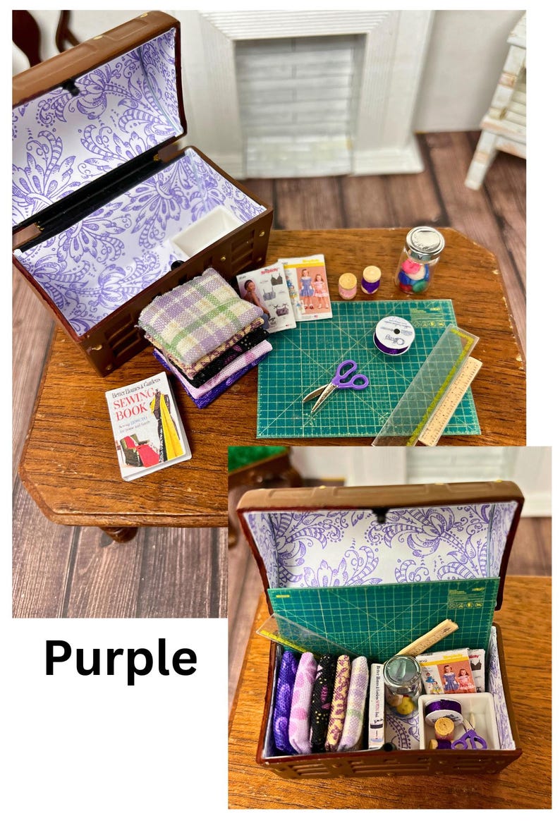 Baúl de costura en miniatura para casa de muñecas Morado