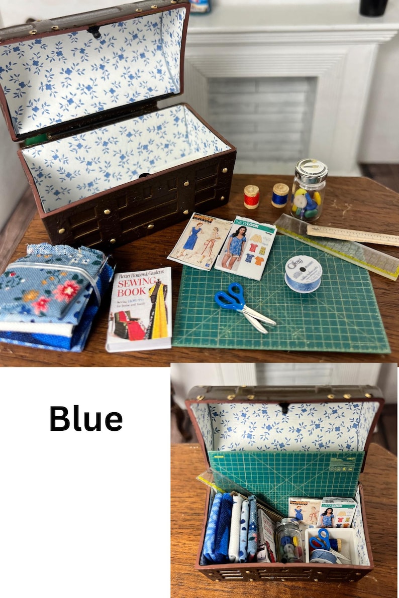 Baúl de costura en miniatura para casa de muñecas Azul