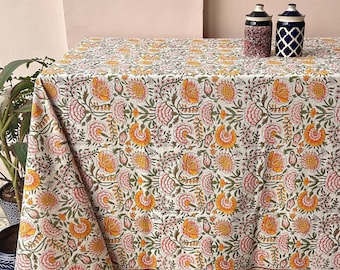 Floral Block Printed Cotton Tablecloth: Elegant Farmhouse Table Decor