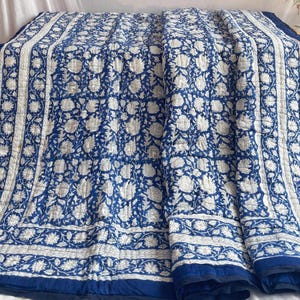Hand Block Printed Jaipuri Cotton Quilt, Blue Floral Bedspread Comforter, Reversible Bedding Quilt, Quilted Coverlet, Queen Size Quilt, Gift