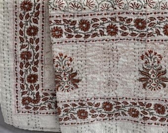 Hand Floral Printed Kantha Blanket, Indian Cotton Kantha Bedspread, Vintage Throw Bedding Coverlet