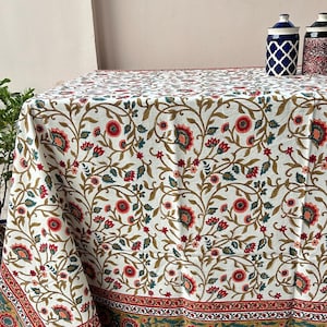 Floral Block Printed Cotton Tablecloth: Boho Dining Table Cover