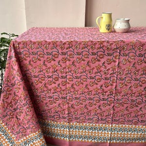Indian Jaipur Block Print Tablecloth, Cotton Floral Vintage Tablecloth, Rectangle Table Cover, French Dining Décor,Kitchen Housewarming Gift