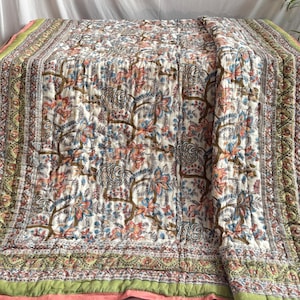 Handmade Jaipuri Cotton Comforter, Block Printed Green Quilt, Reversible Floral Razai, Vintage Queen Bedding Bedspreads, Jaipuri Razai, Gift