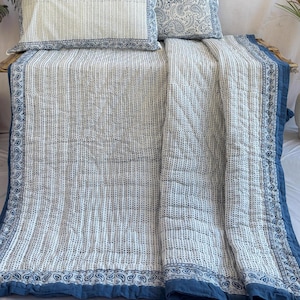 Edredón de algodón con estampado de bloques hecho a mano: Colcha reversible estilo boho para cama Queen