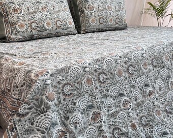 Jaipuri Block Printed Queen Size Bedsheets with Pillow Covers, Organic Cotton Flat Sheets, Boho Bedding Set, Floral Bedcover, Modern Bedroom