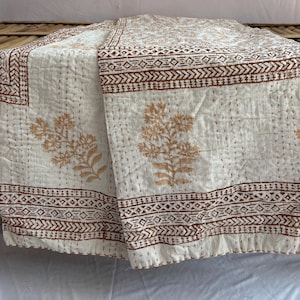 Hand Block Print Kantha Quilt, Indian Cotton Bedspread, Floral Blanket Throw